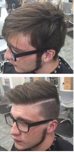 Side-by-side comparison showing a man with glasses before (top) and after (bottom) receiving a haircut and styled trim.