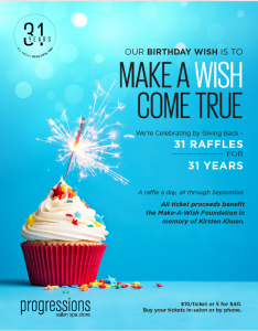 A blue-themed poster for Progressions Salon Spa Store's 31st birthday anniversary, featuring a cupcake with a sparkler and details of a raffle benefiting the Make-A-Wish Foundation. Tickets are $10 each or 5 for $40.