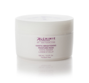 A 100 ml (3.3 fl. oz) container of Alchimie Forever Kantic Brightening Moisture Mask. The jar is white with purple text and labeled as paraben-free.